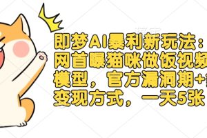 即梦AI暴利新玩法：全网首曝猫咪做饭视频躺Z模型，官方漏洞期+多种变现方式，一天5张