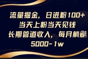 流量掘金，日进粉100+，当天上粉当天见钱，长期管道收入，每月躺挣5k