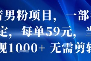 抖音男粉项目，一部手机搞定，每单59米，当天变现1k+  无需剪辑