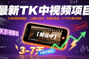 最新TK中视频项目，Tk影视解说赛道，搬运二创暴力起号，流量非常猛，3-7天开通中视频（更新）