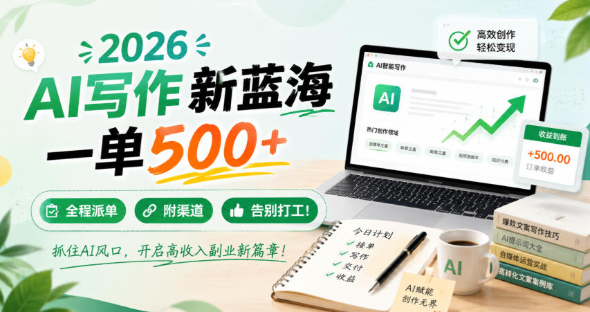 2026 AI写作新蓝海,一单500+,全程派单,附渠道,告别打工!【揭秘】插图 2026 AI写作新蓝海,一单500+,全程派单,附渠道,告别打工!【揭秘】