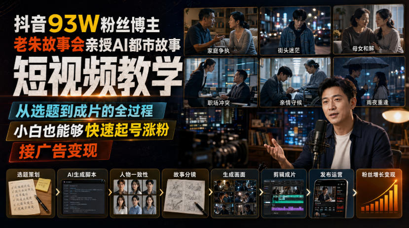 抖音93W粉丝博主老朱故事会亲授AI都市故事短视频教学,从选题到成片的全过程,小白也能够快速起号涨粉接广告变现插图 抖音93W粉丝博主老朱故事会亲授AI都市故事短视频教学,从选题到成片的全过程,小白也能够快速起号涨粉接广告变现