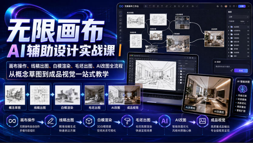 无限画布AI辅助设计实战课|画布操作、线稿出图、白模渲染、毛坯出图、AI改图全流程,从概念草图到成品视觉一站式教学插图 无限画布AI辅助设计实战课|画布操作、线稿出图、白模渲染、毛坯出图、AI改图全流程,从概念草图到成品视觉一站式教学