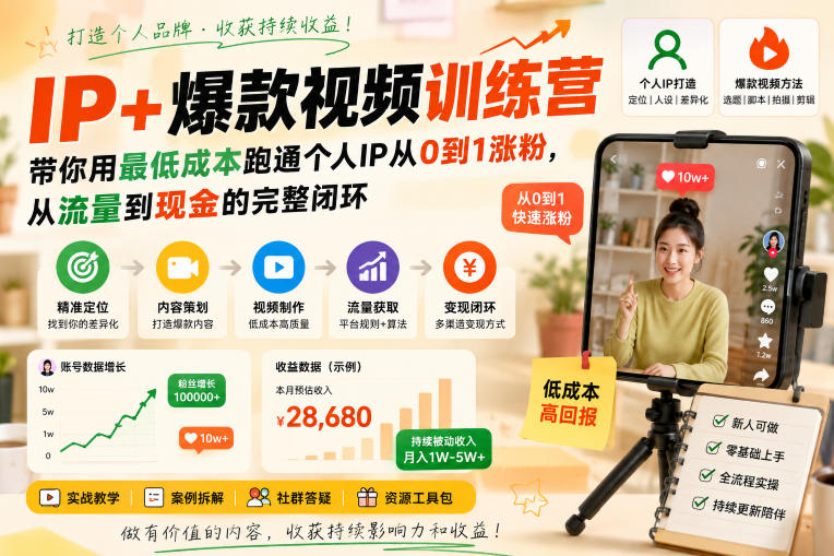 IP+爆款视频训练营,带你用最低成本跑通个人IP从0到1涨粉,从流量到现金的完整闭环插图 IP+爆款视频训练营,带你用最低成本跑通个人IP从0到1涨粉,从流量到现金的完整闭环